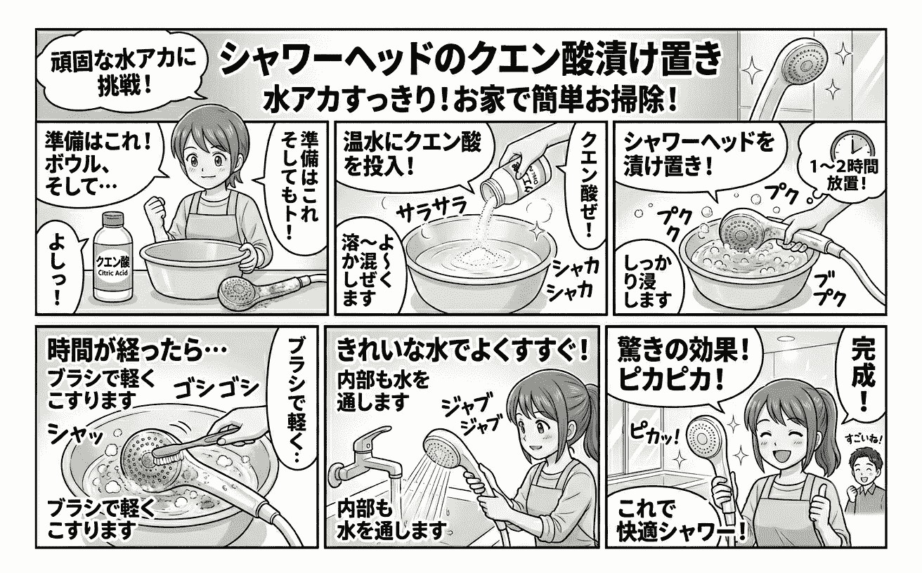 シャワーヘッドをクエン酸につけ置きしているイメージ
