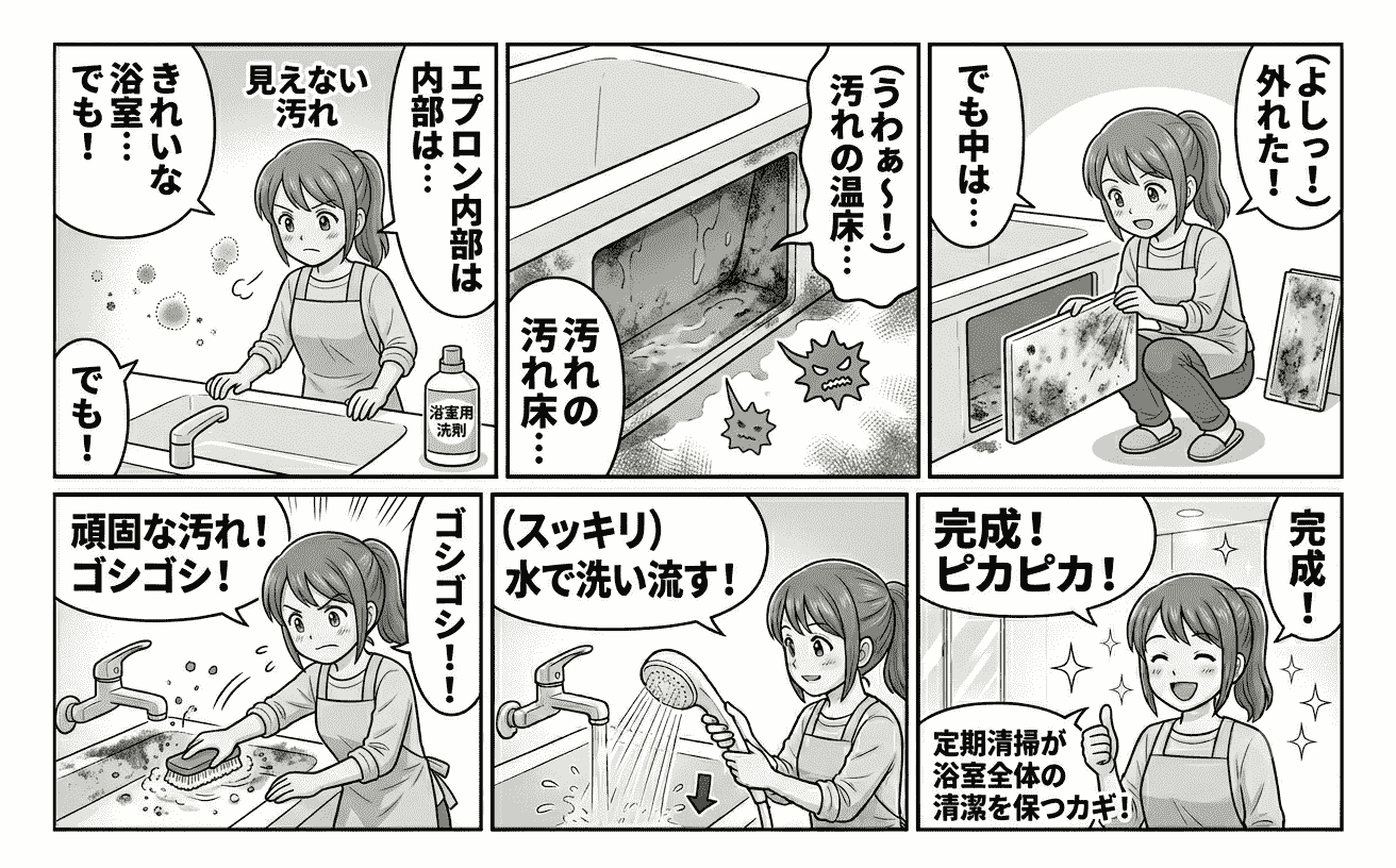 浴槽エプロンを外した内部の清掃イメージ