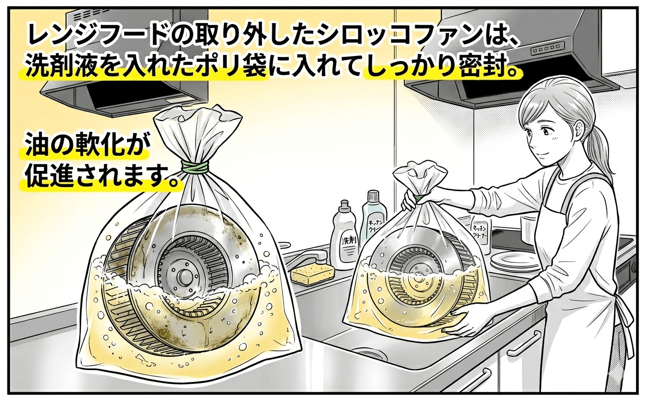 換気扇の湿布法と浸け置き洗いの手順写真