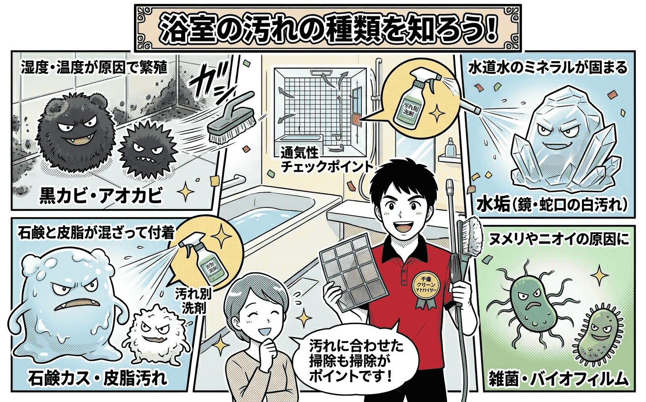 浴室の汚れの種類を図解したイメージ
