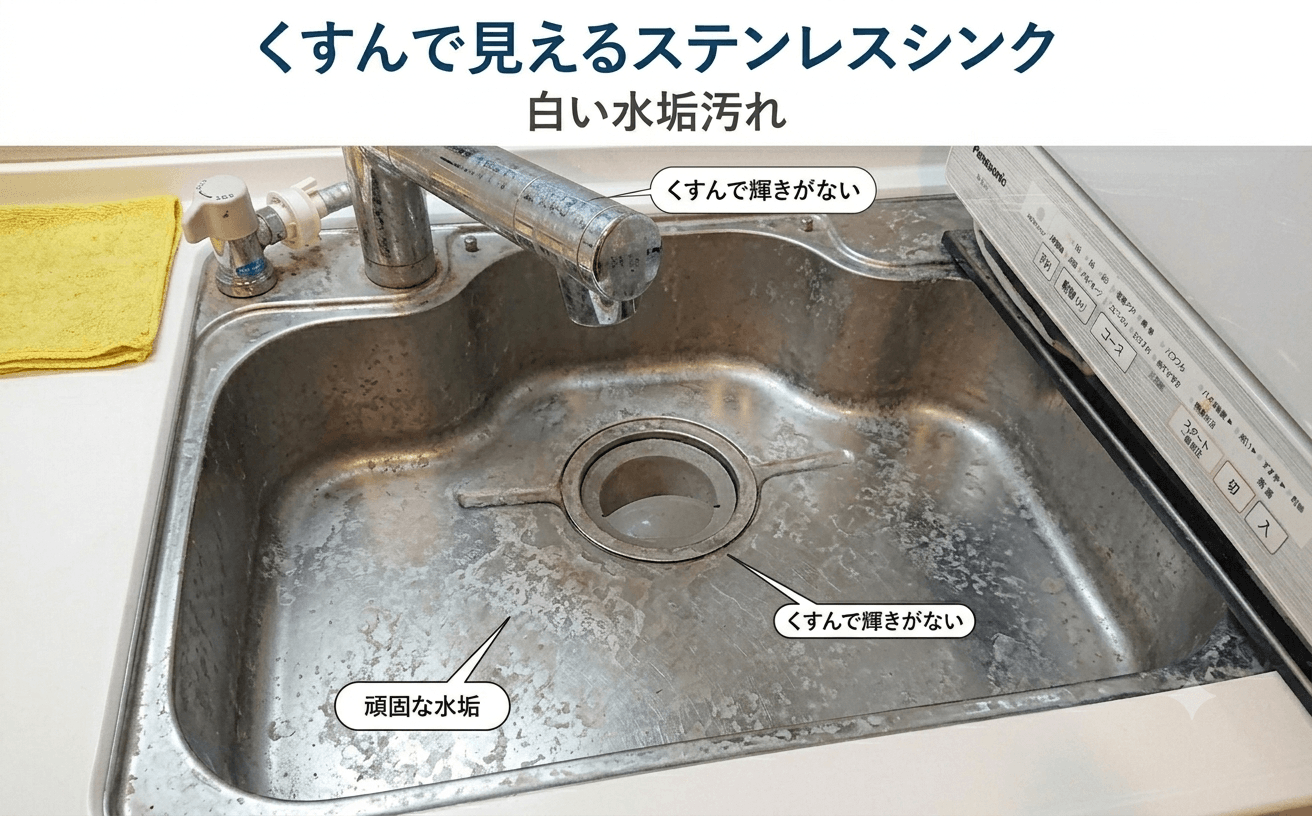 くすんで見えるステンレスシンク　白い水垢汚れ