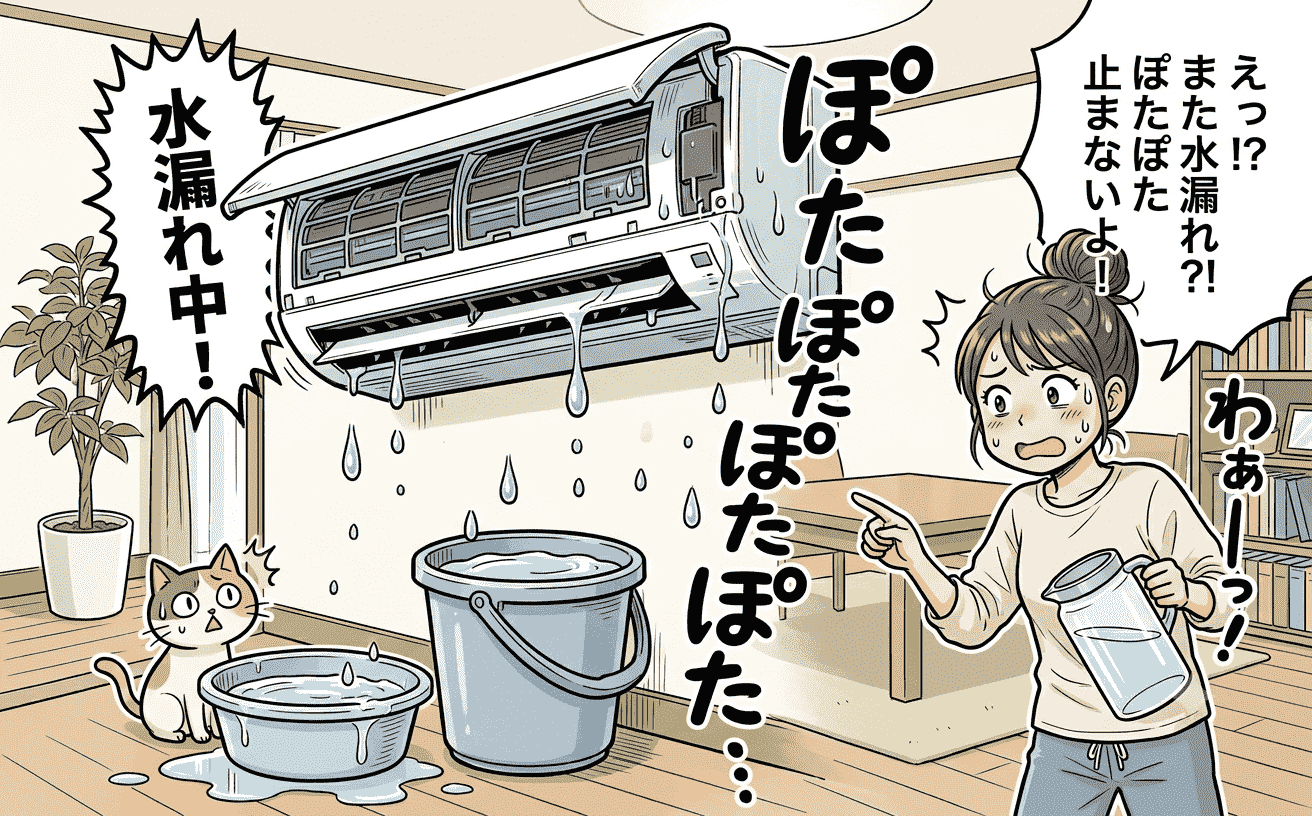 エアコン室内機から水がぽたぽた落ちている状態の写真