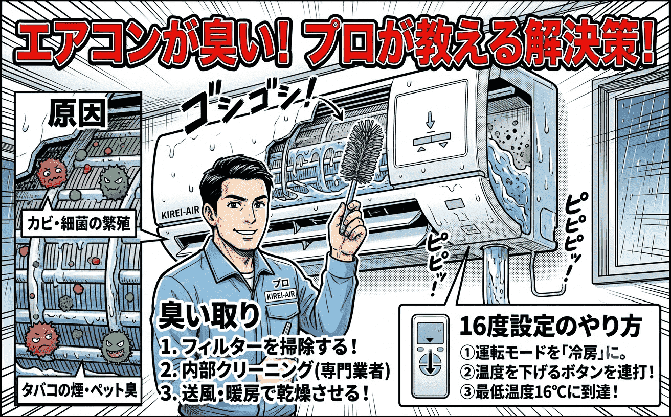 エアコンが臭い! 原因・臭い取り・16度設定のやり方まで プロが全部まとめて解説します