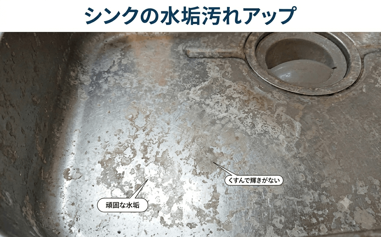 シンクの白い水垢汚れのアップ写真　ステンレス