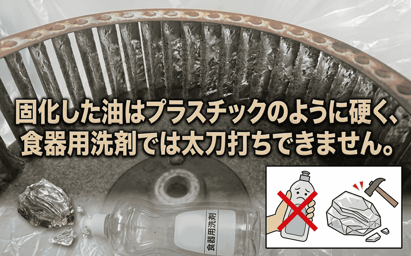 換気扇のシロッコファンに固化した油汚れのアップ写真