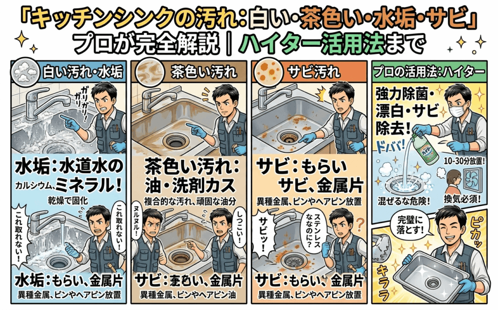 キッチンシンクの白い汚れ・茶色い汚れ・水垢・サビを プロが完全解説｜ハイター活用法まで