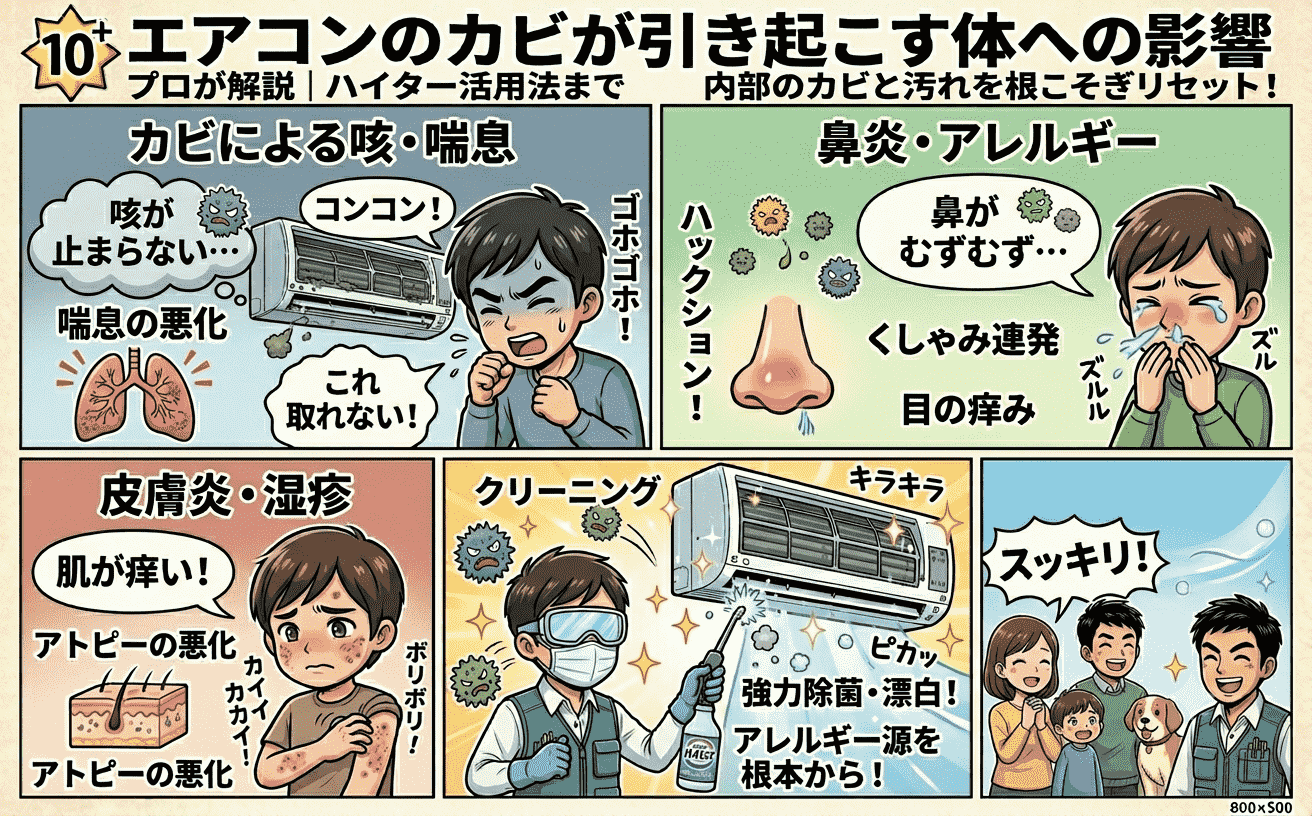 エアコンのカビが引き起こす体への影響を示した図