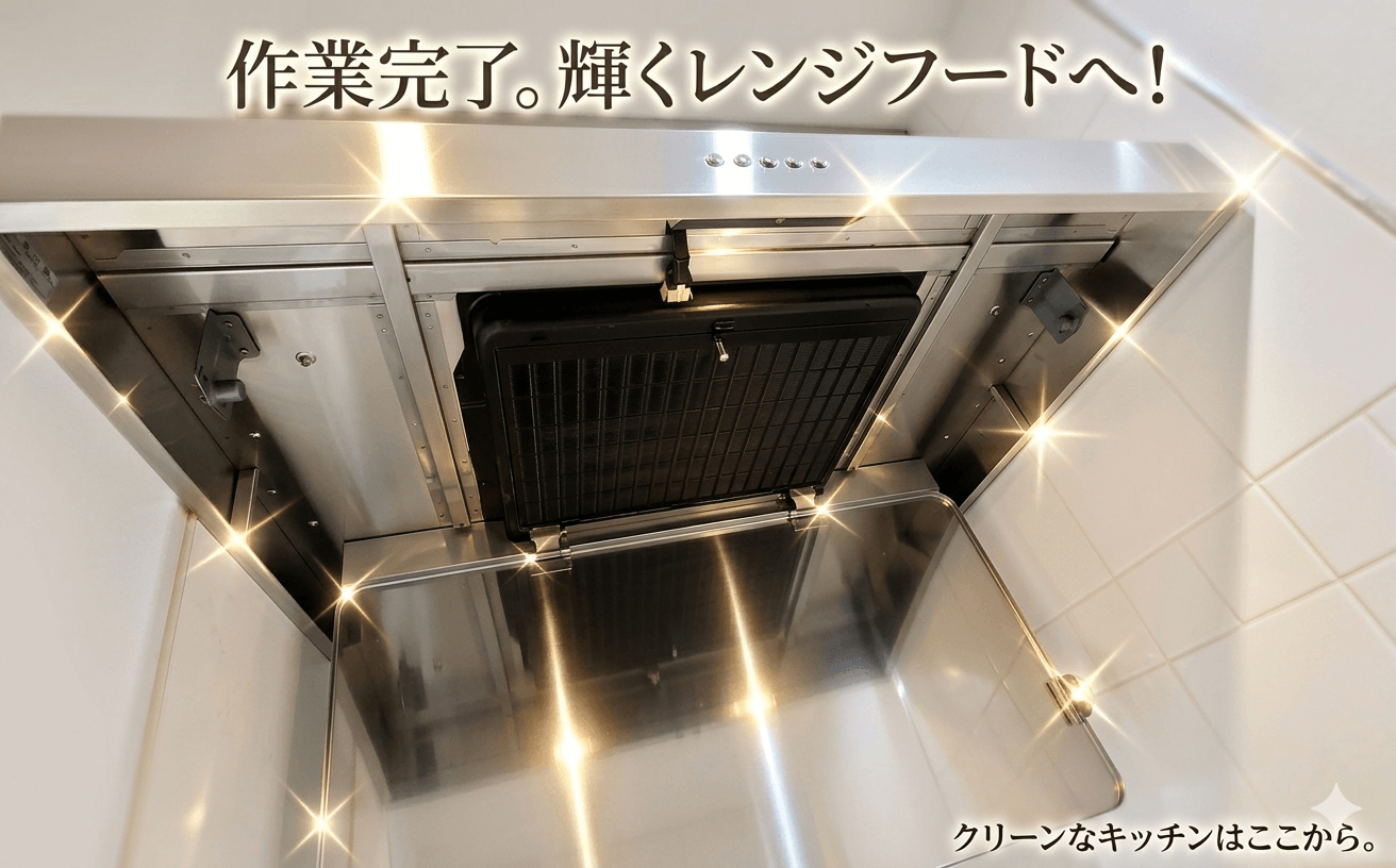 作業完了後の輝くようにきれいになったレンジフードの写真