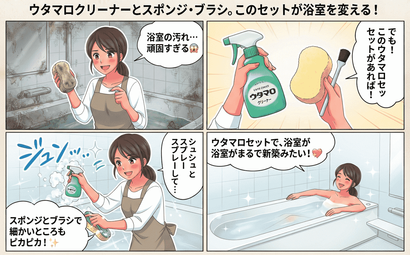 ウタマロクリーナーとお風呂掃除道具が並んだ様子