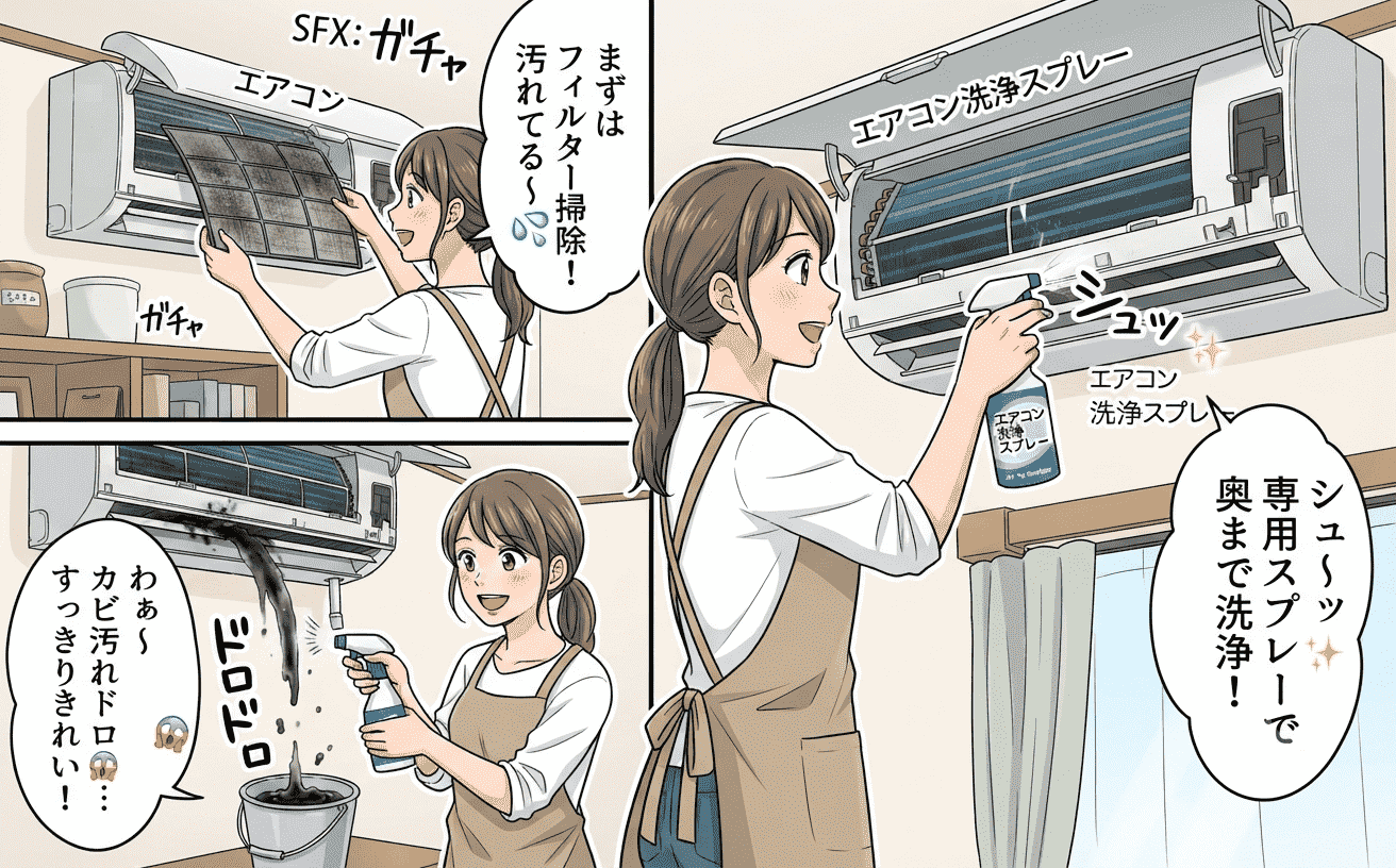 エアコン洗浄スプレーを使う様子