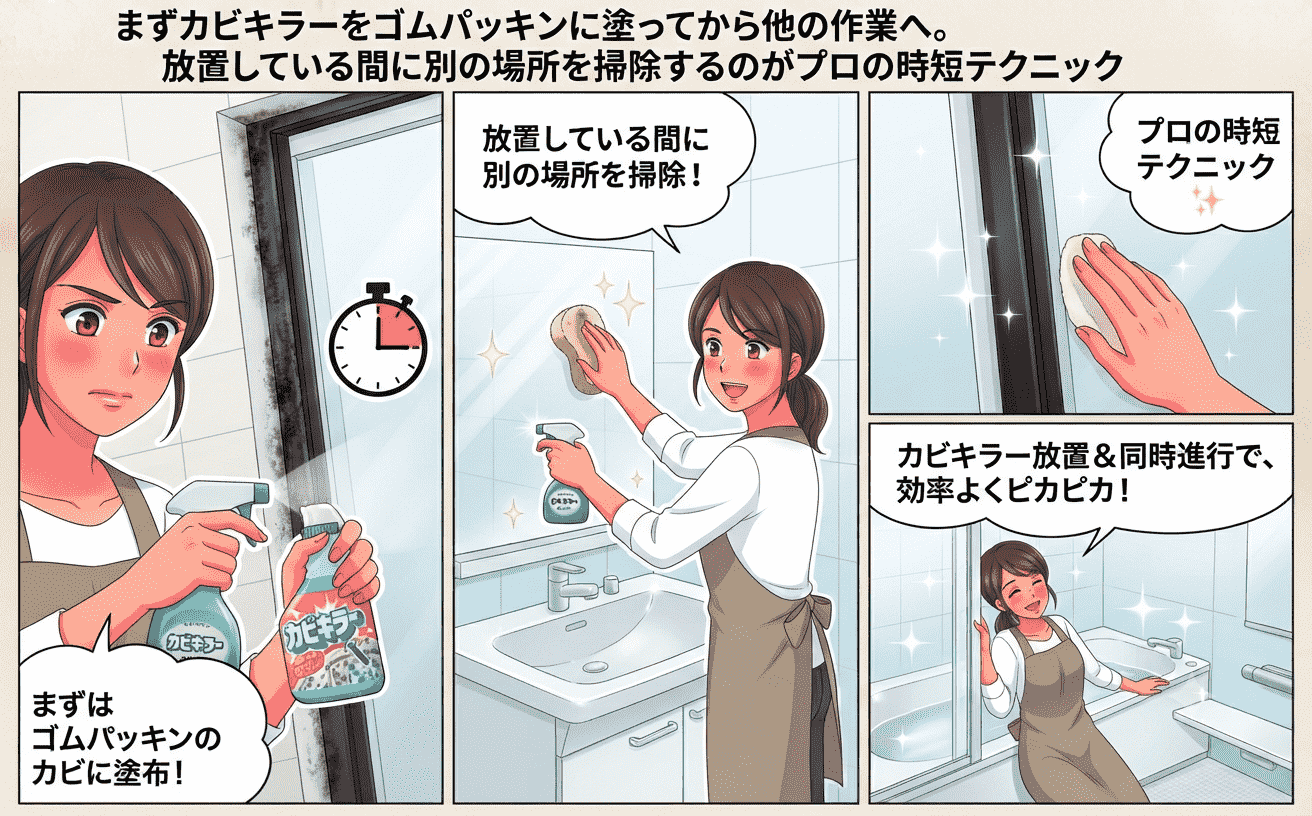 ゴムパッキンにカビキラーを塗布している様子