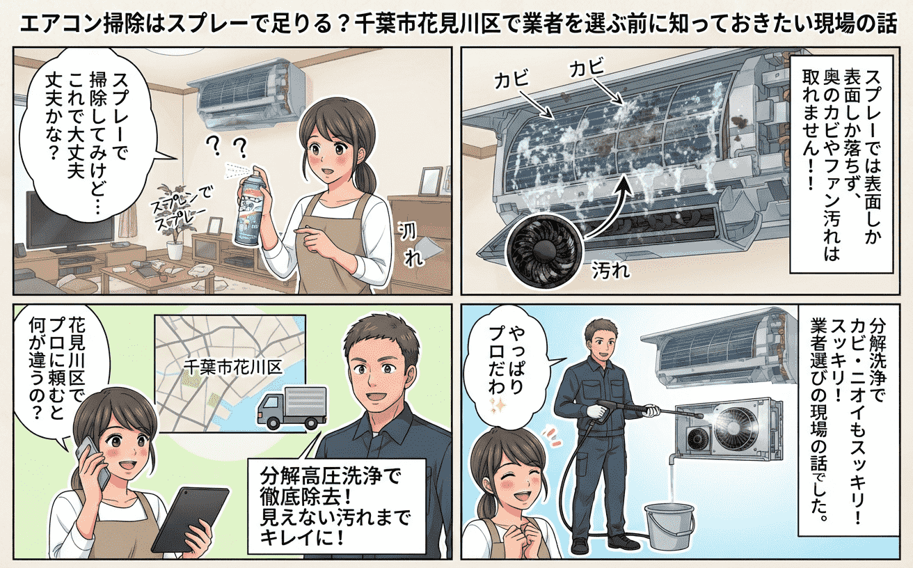エアコン掃除はスプレーで足りる？千葉市花見川区で業者を選ぶ前に知っておきたい現場の話